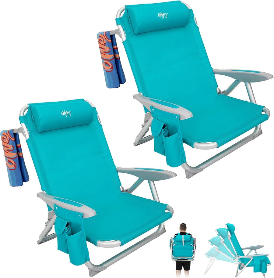 2 Pack Cyan Adjustable Beach Chairs Folding Reclining Seats