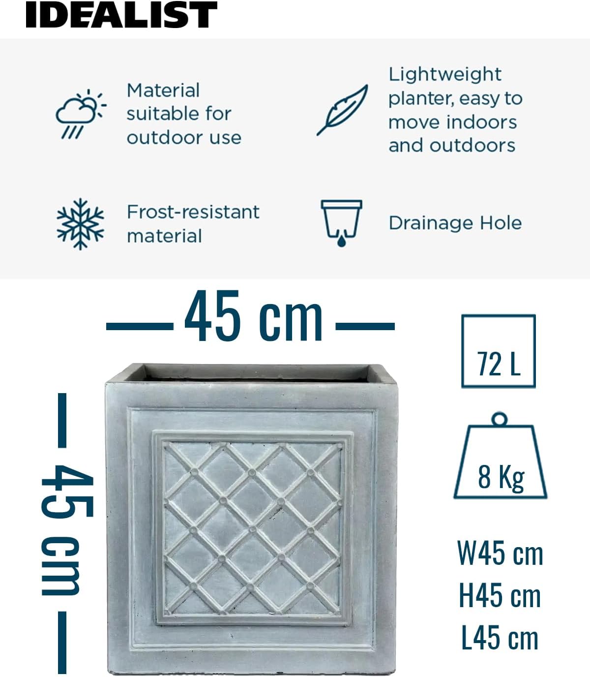45cm Square Planter Grey Lattice Stone Effect Tree Pot