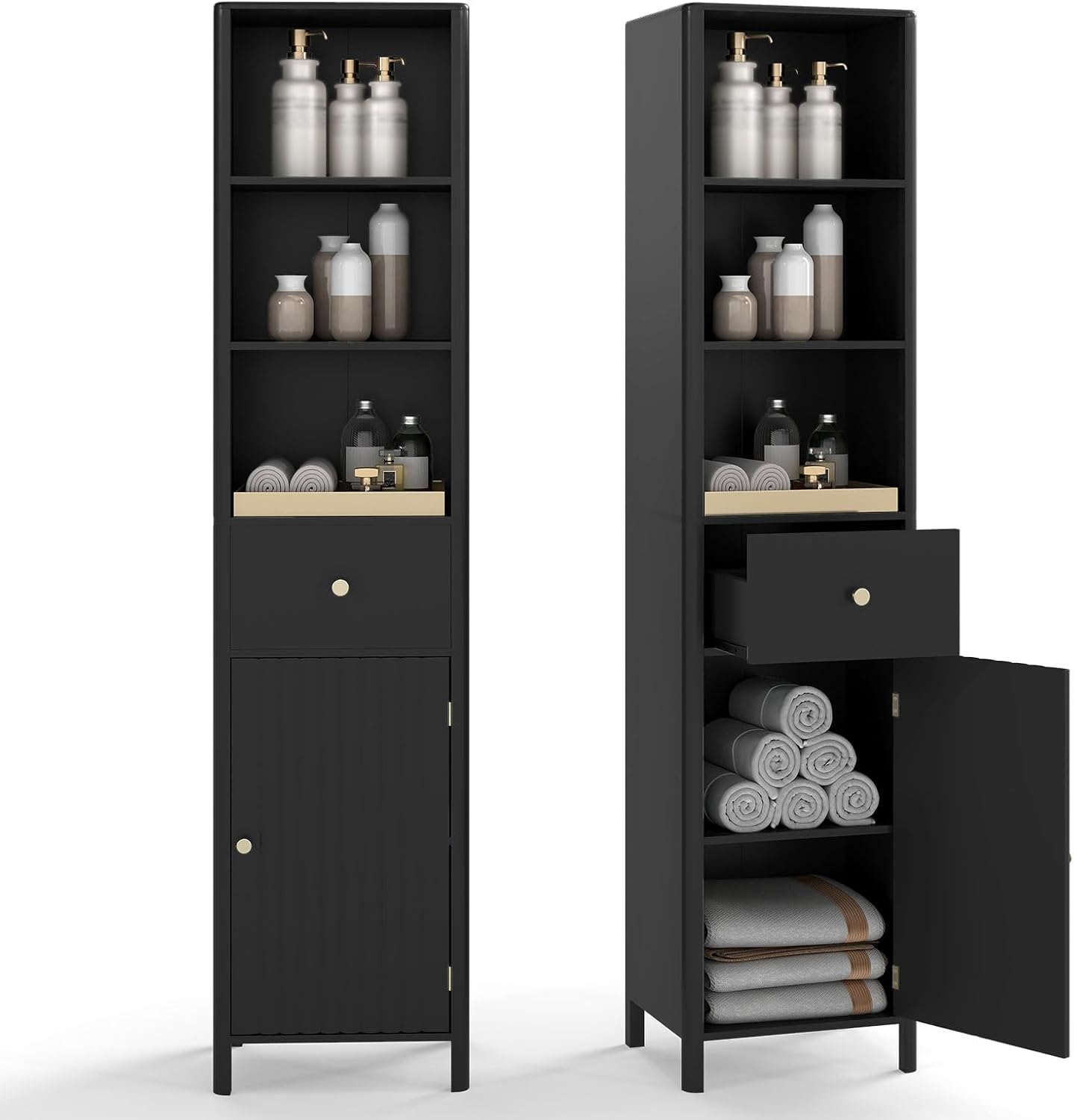 Tall Bathroom Storage Cabinet Black Fluted Door Drawer 170cm