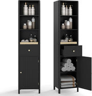 Tall Bathroom Storage Cabinet Black Fluted Door Drawer 170cm