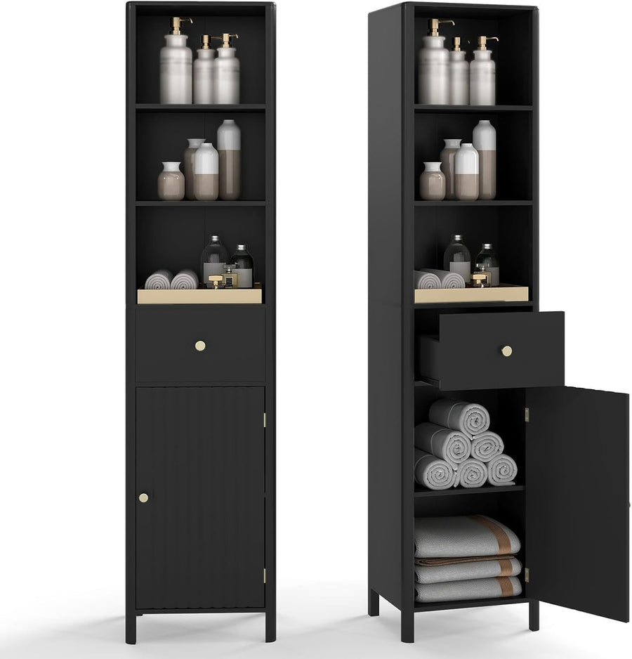 Tall Bathroom Storage Cabinet Black Fluted Door Drawer 170cm