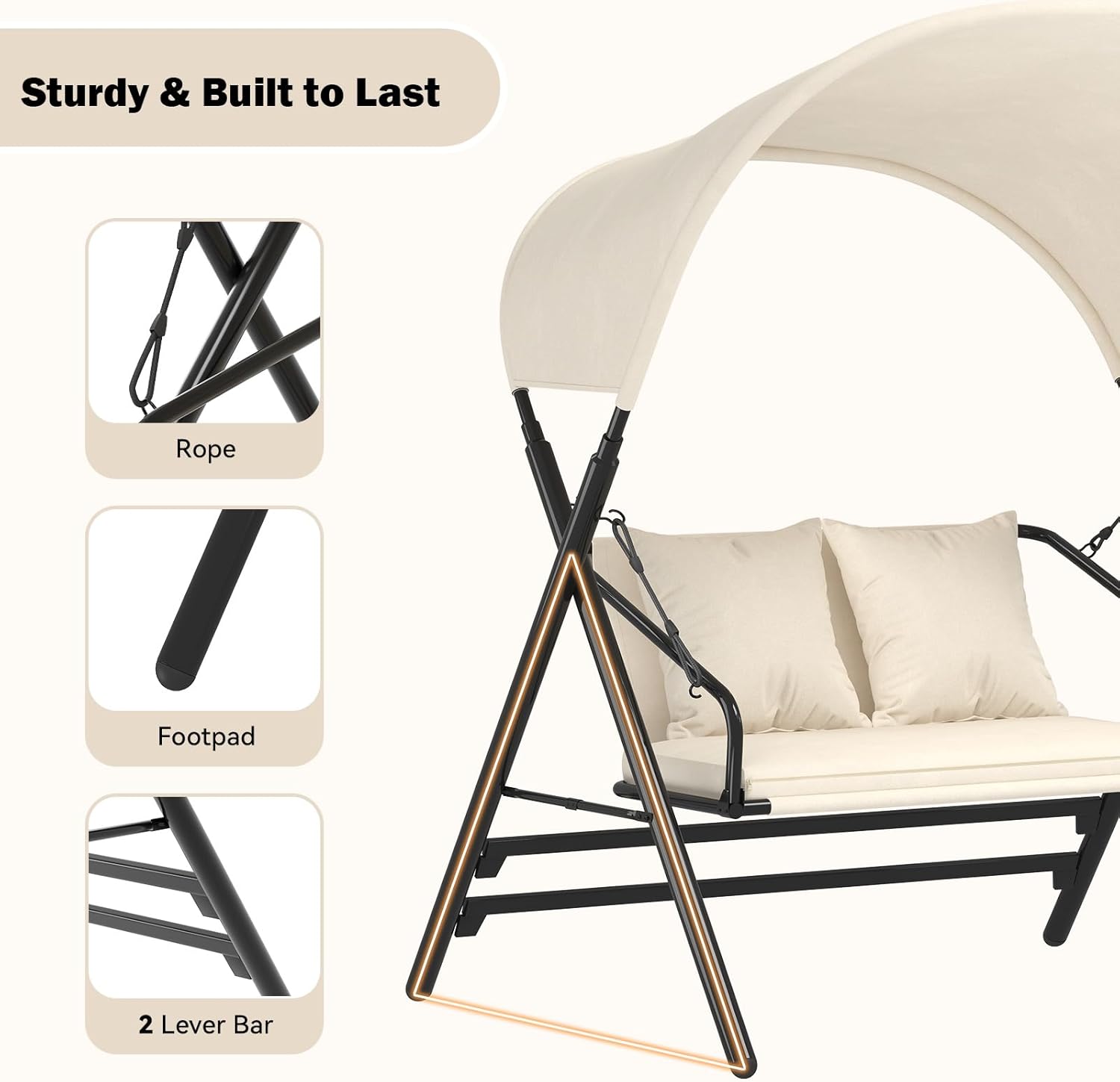 2 Seater Garden Swing Seat Canopy Cushions Metal Frame 272kg