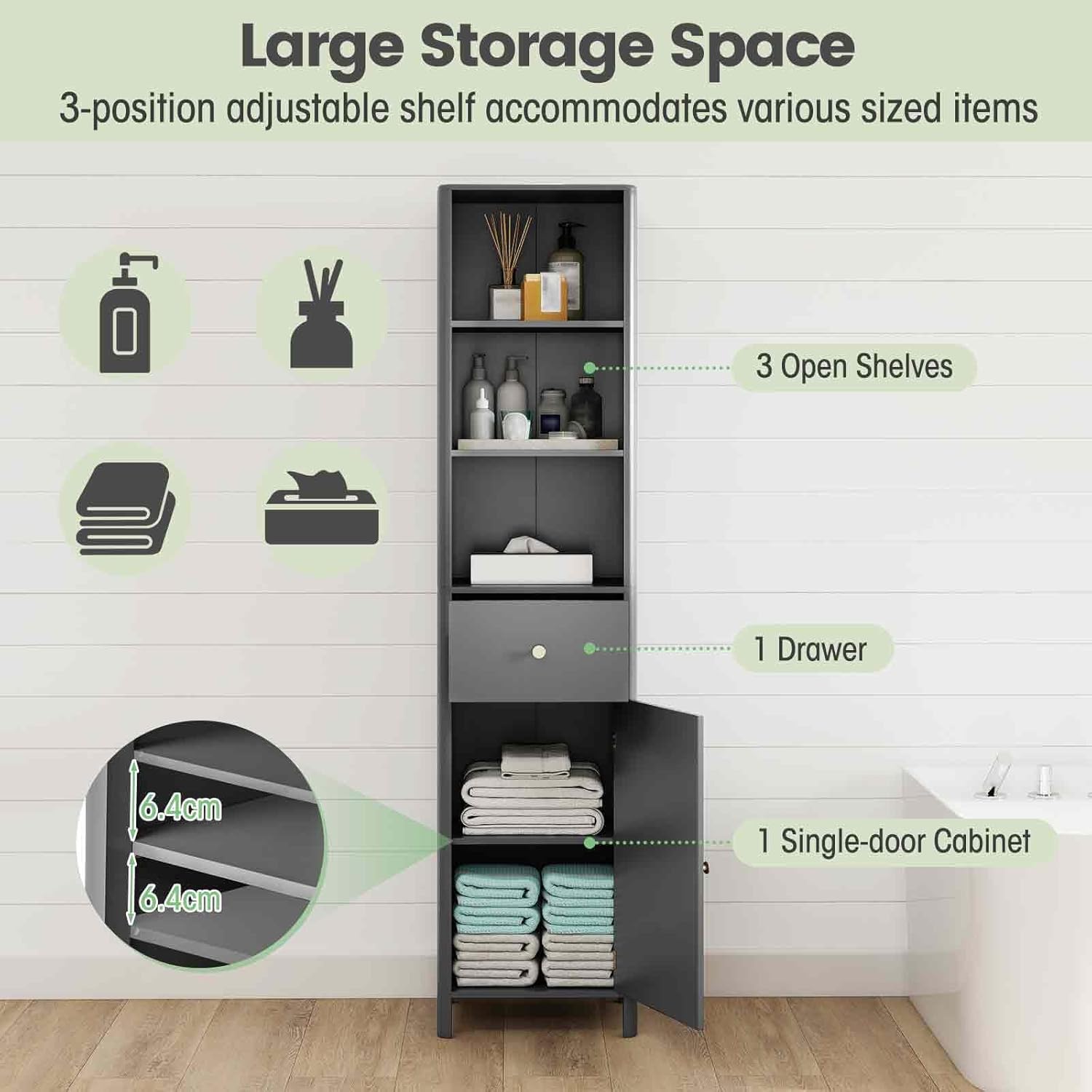 Tall Bathroom Storage Cabinet Drawer Fluted Door Grey 170cm