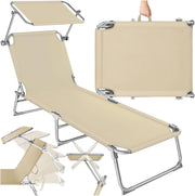 Folding Sun Lounger with Canopy Adjustable Backrest Beige