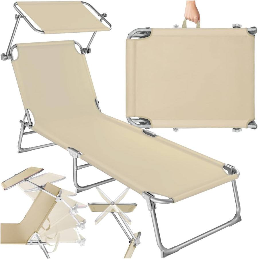 Folding Sun Lounger with Canopy Adjustable Backrest Beige