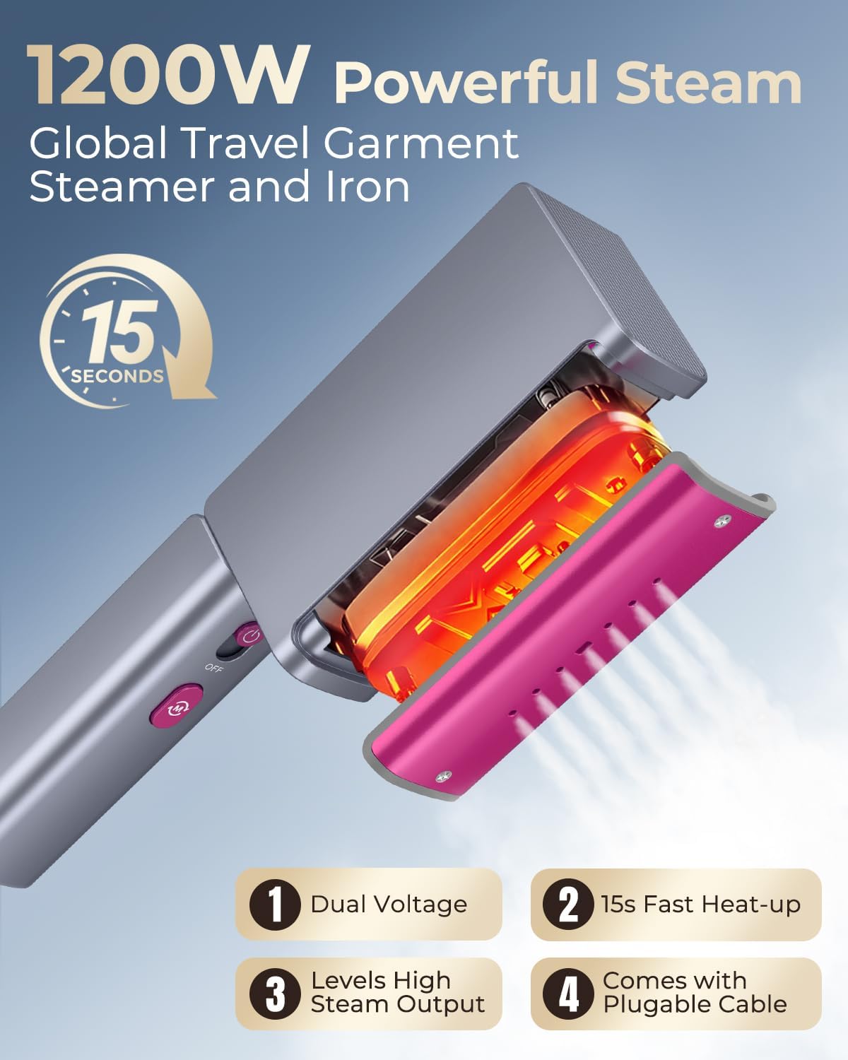 Travel Garment Steamer 1200W Dual Voltage Fast Heat Portable Iron
