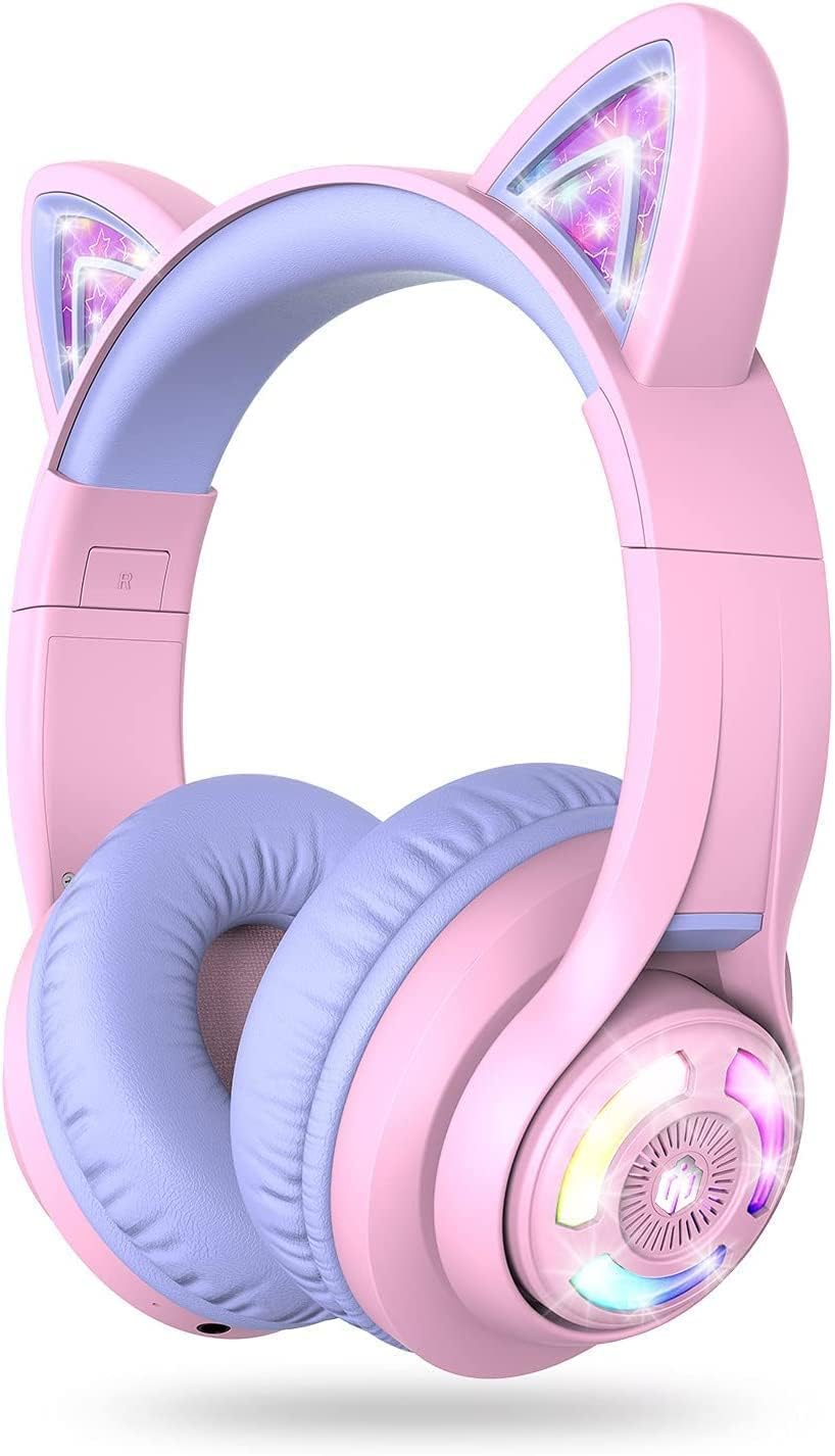 Kids Bluetooth Cat Ear Headphones LED Lights Safe Volume 50 Hour