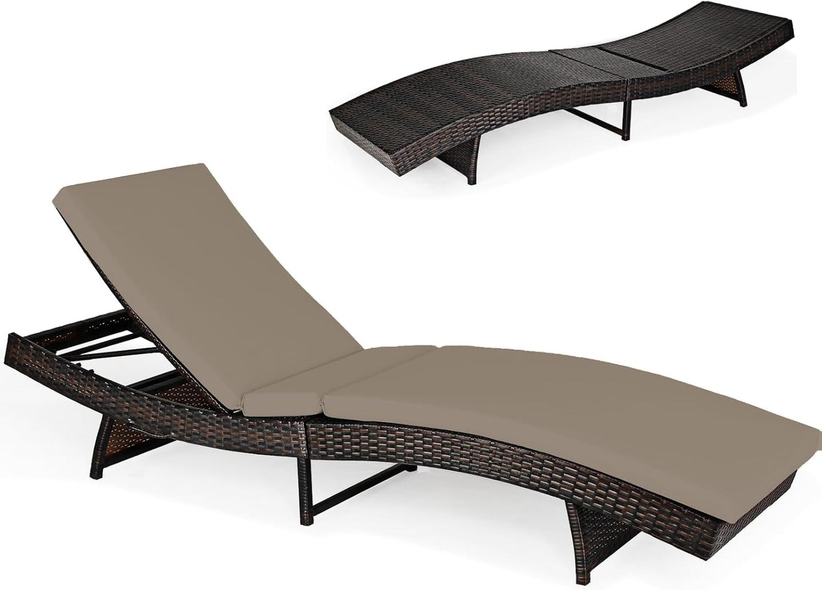 Folding Rattan Sun Lounger 5 Position Cushion Grey