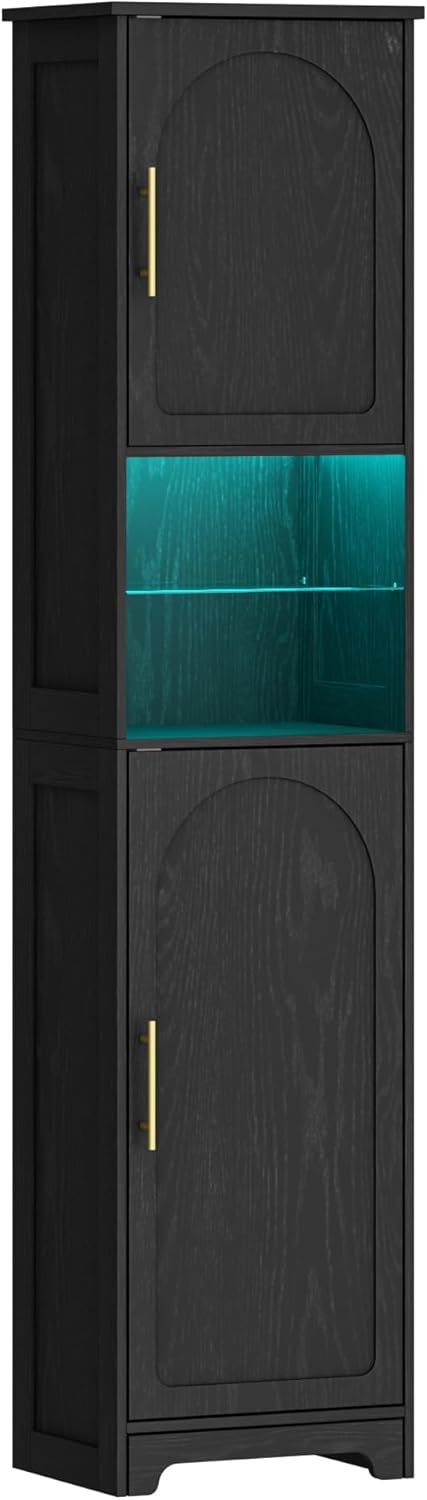 LED Tall Bathroom Storage Cabinet 2 Door Black 170cm