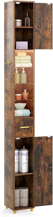 Tall Slim Storage Cabinet Rustic Brown LED Shelf Hook Unit