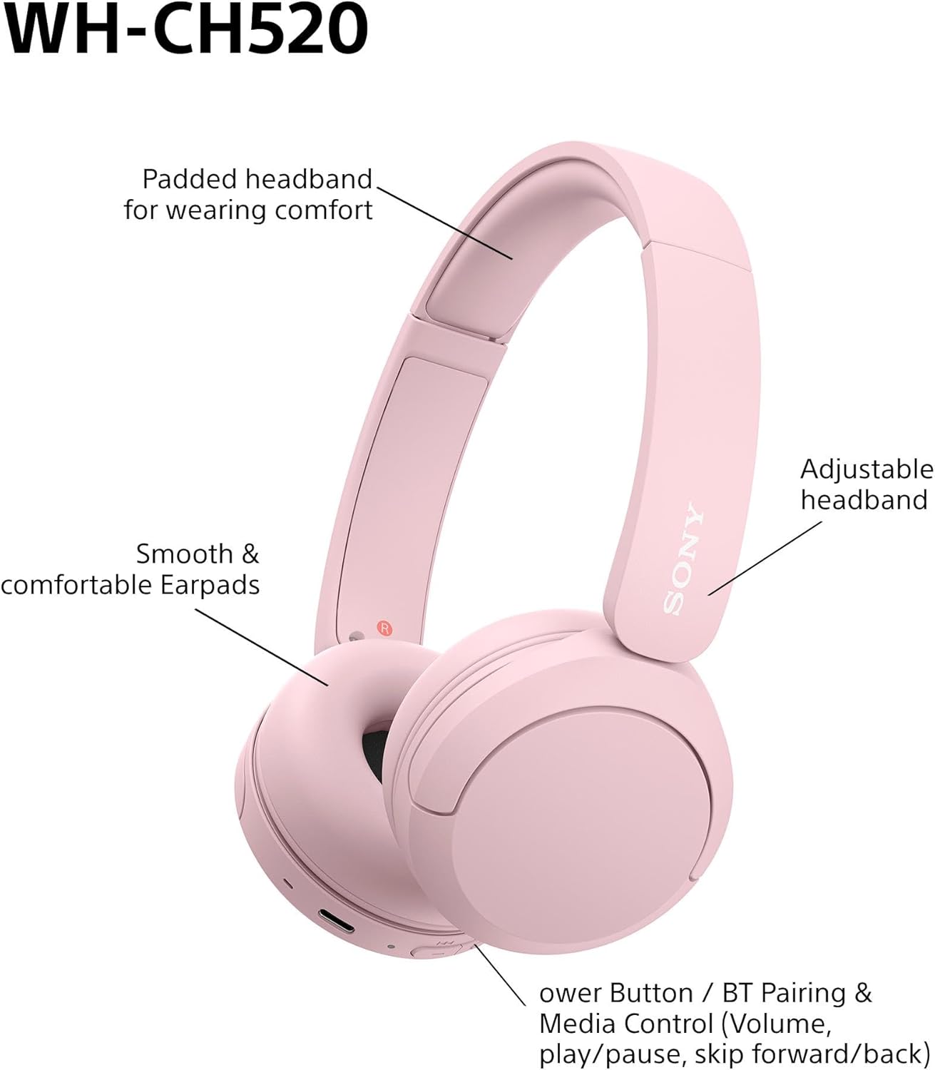 Wireless Bluetooth On-Ear Headphones 50Hr Battery Quick Charge EQ Pink