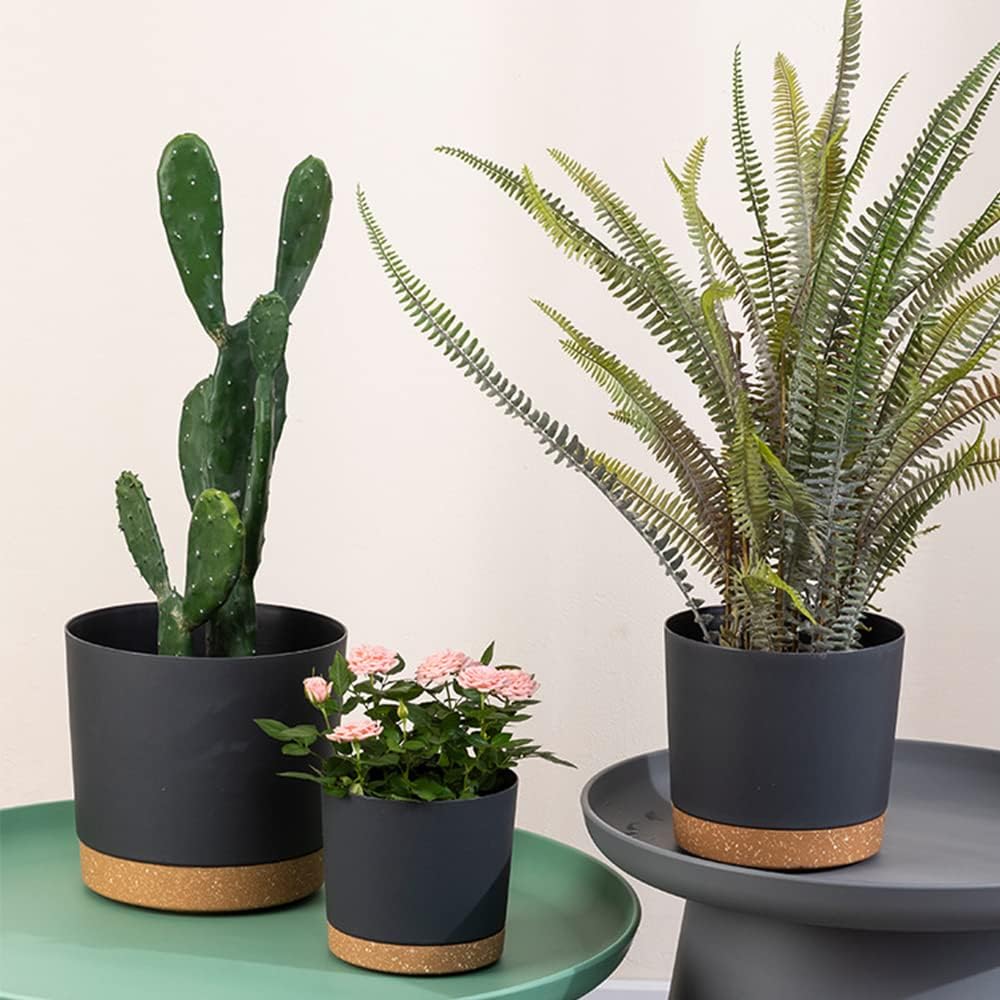 30cm Plant Pots Set 3 Dark Grey Planters Drainage Saucer