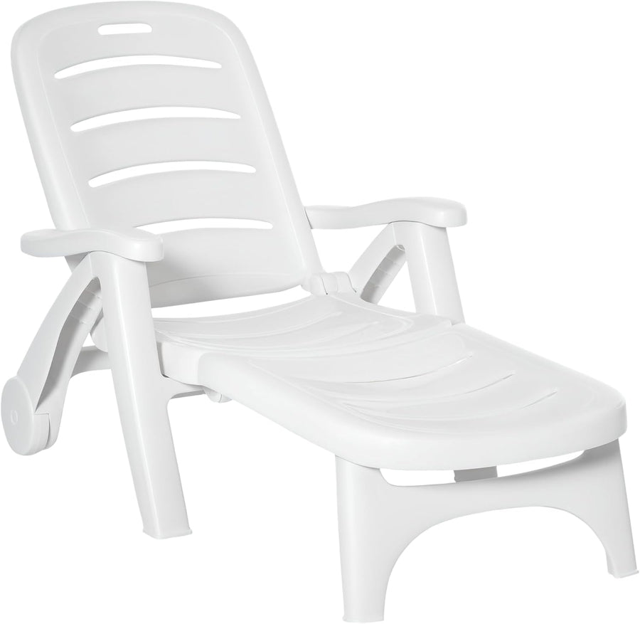 Folding Sun Lounger with Wheels 5 Position White
