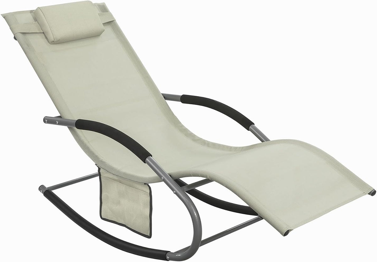 Outdoor Rocking Recliner Chair with Pillow Pocket Beige