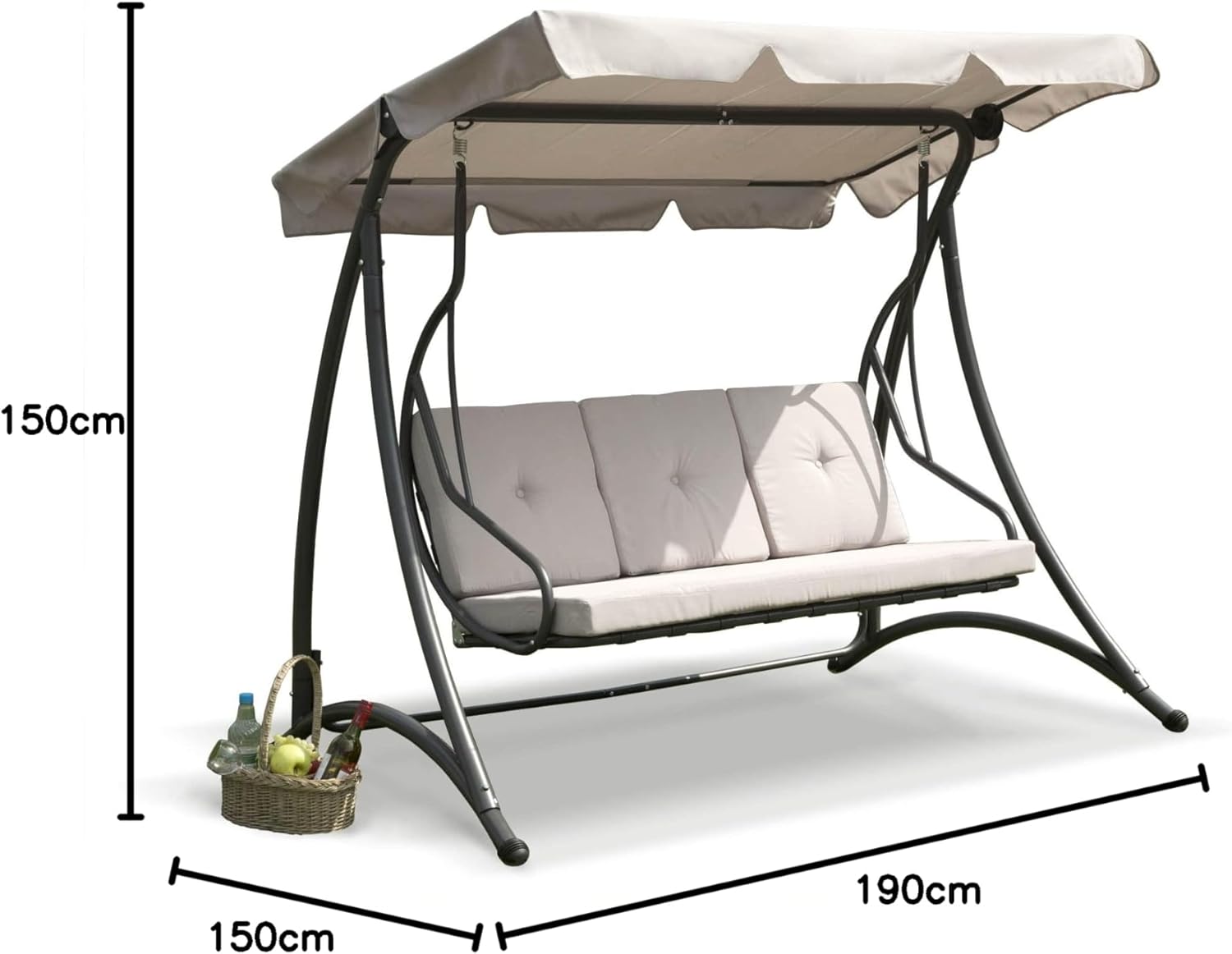 3 Seater Garden Swing Chair Canopy Pillows Grey