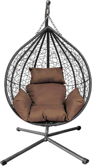 Rattan Hanging Egg Chair with Stand Cushion Black Brown