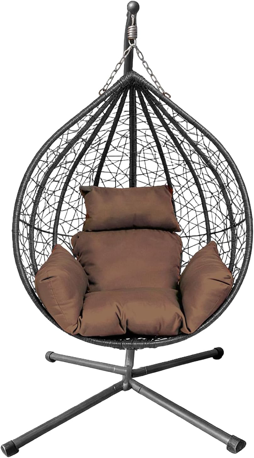 Rattan Hanging Egg Chair with Stand Cushion Black Brown