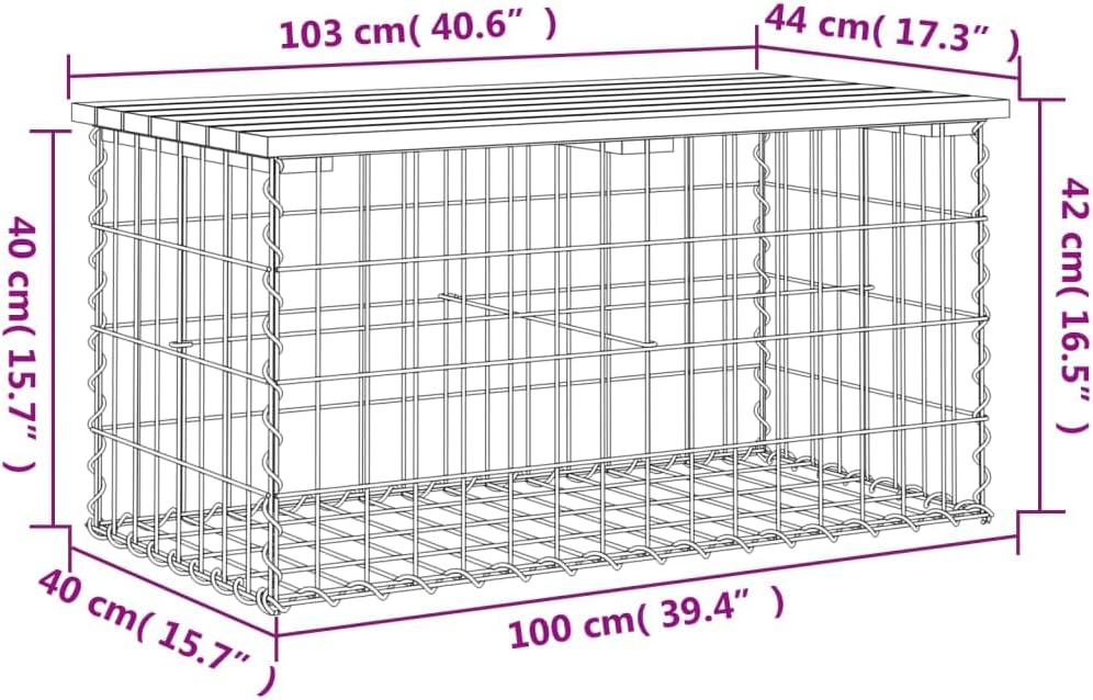 Gabion Garden Bench Pine Wood Outdoor Patio Seat 103cm
