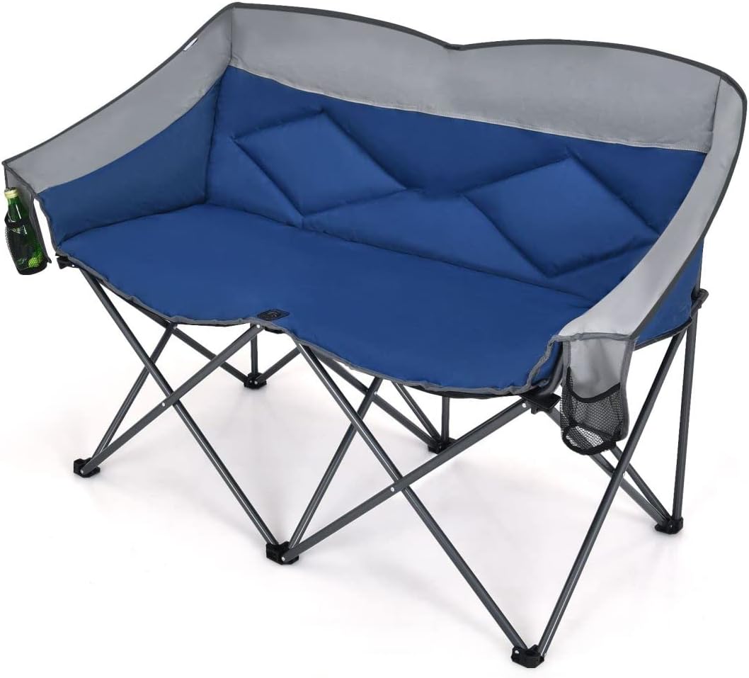 Double Camping Loveseat Chair with 2 Storage Pockets Blue