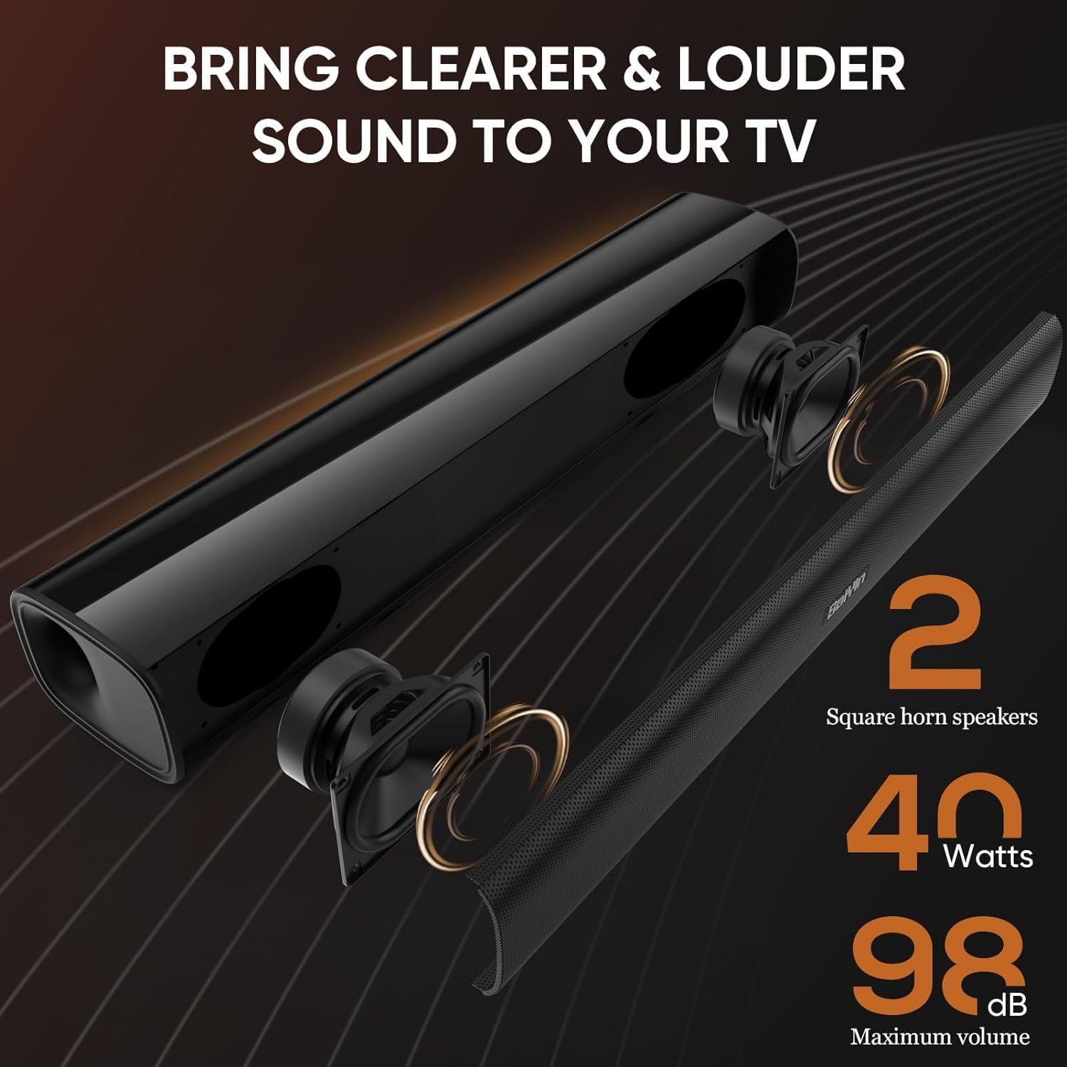 TV Soundbar 40W Surround Sound Bluetooth Optical AUX 17in