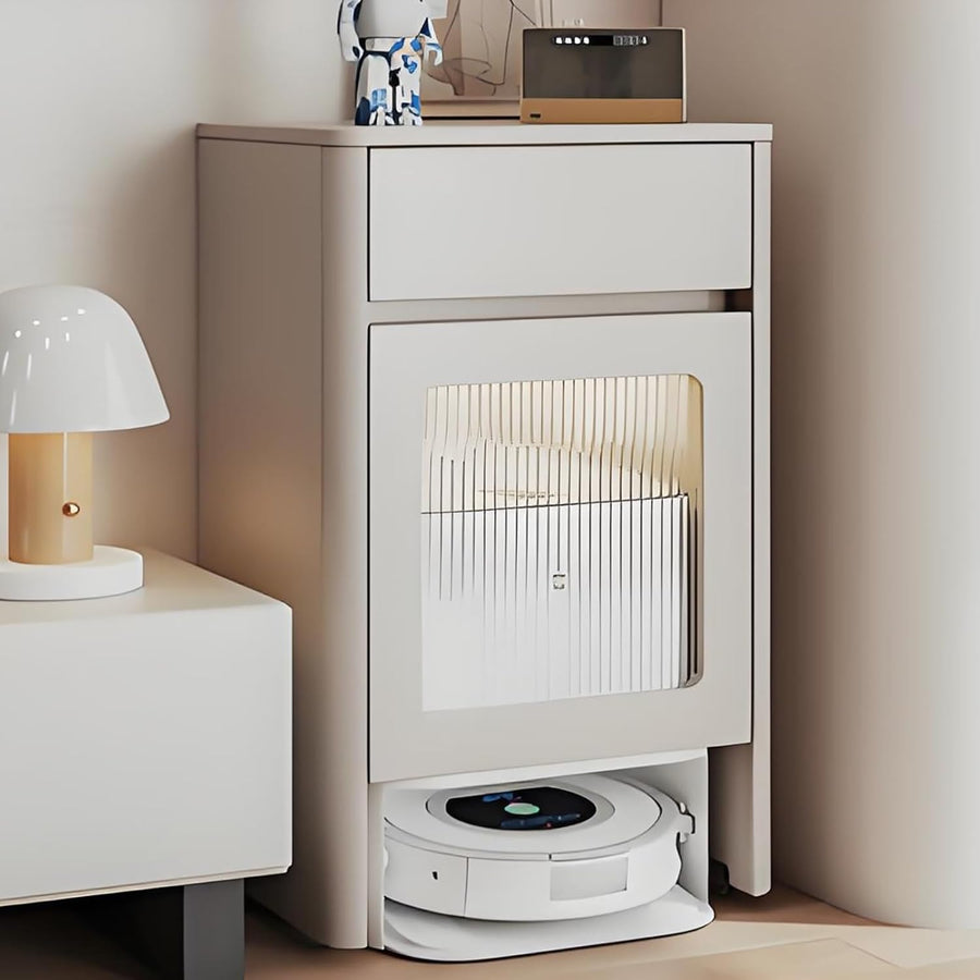 Robot Vacuum Storage Cabinet Wooden Side Table Drawer Wheels Grey