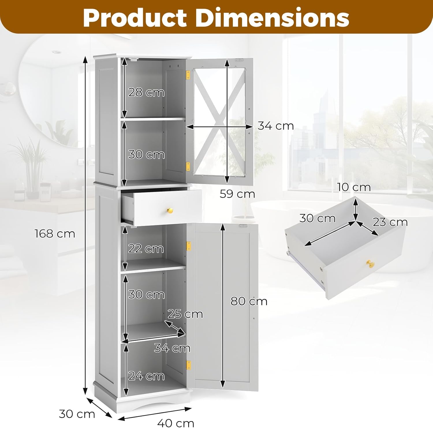 Slim Bathroom Tall Cabinet Drawer 2 Door Shelf Unit White