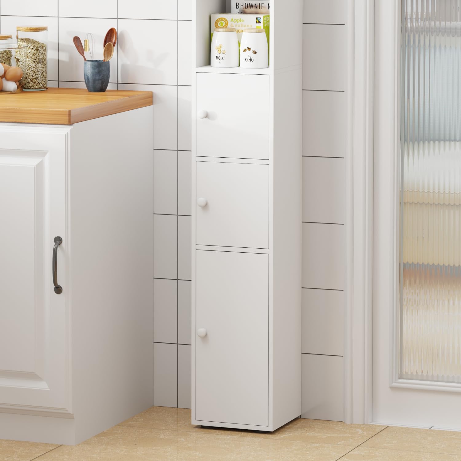 Tall Corner Cabinet White 4 Door Shelf Storage Unit