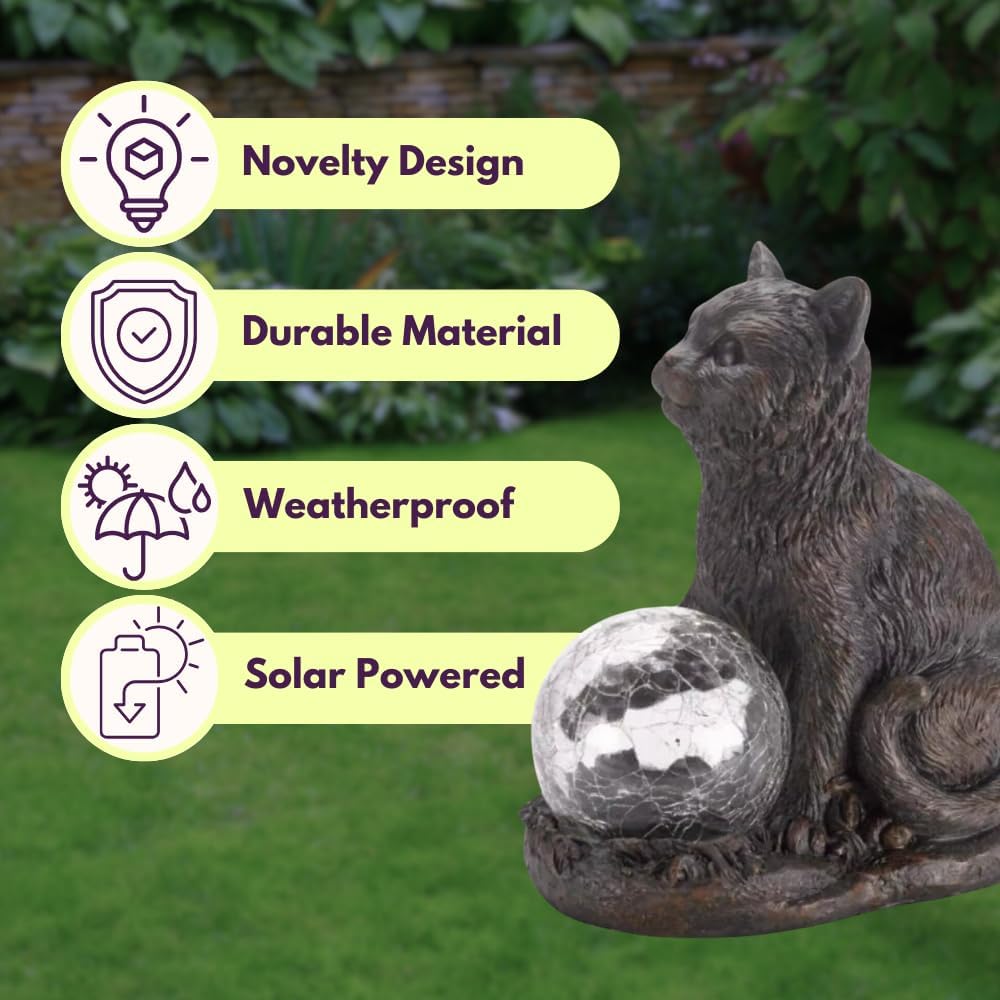Solar Cat Garden Statue LED Crystal Ball Light Outdoor Decor 19cm