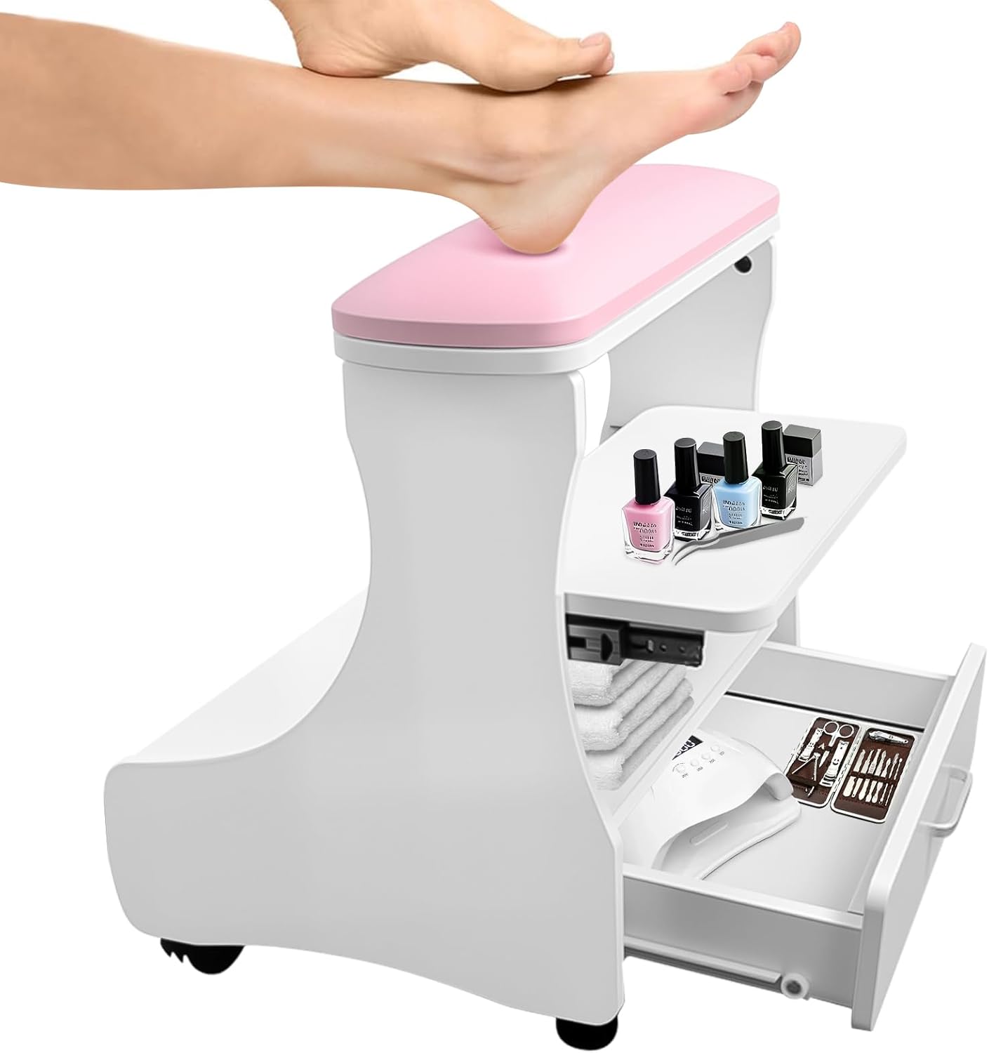 Pedicure Foot Rest with Wheels Storage Trolley PU Leather Stool