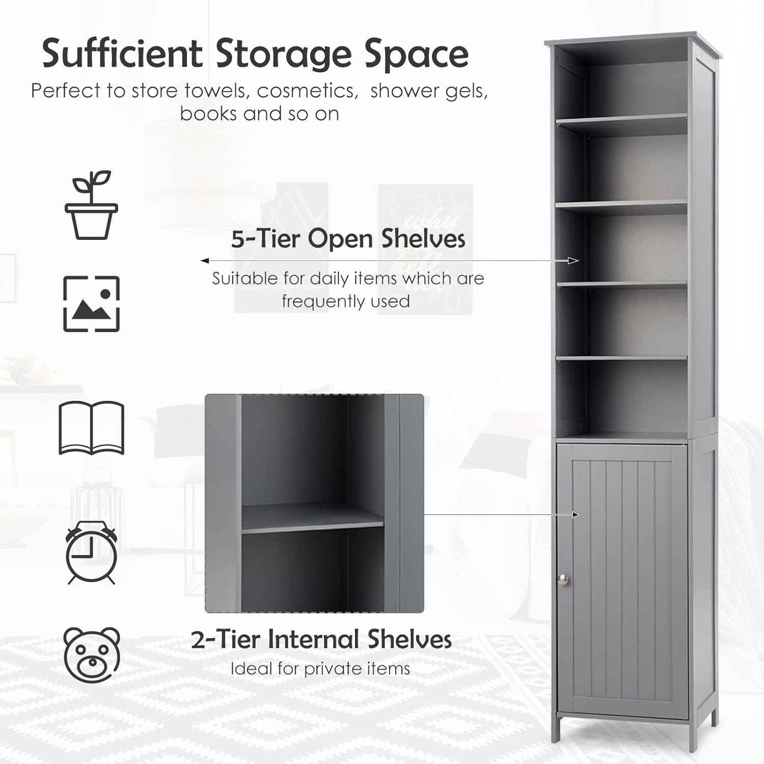 Slim Tall Bathroom Storage Cabinet 5 Shelf Cupboard Grey