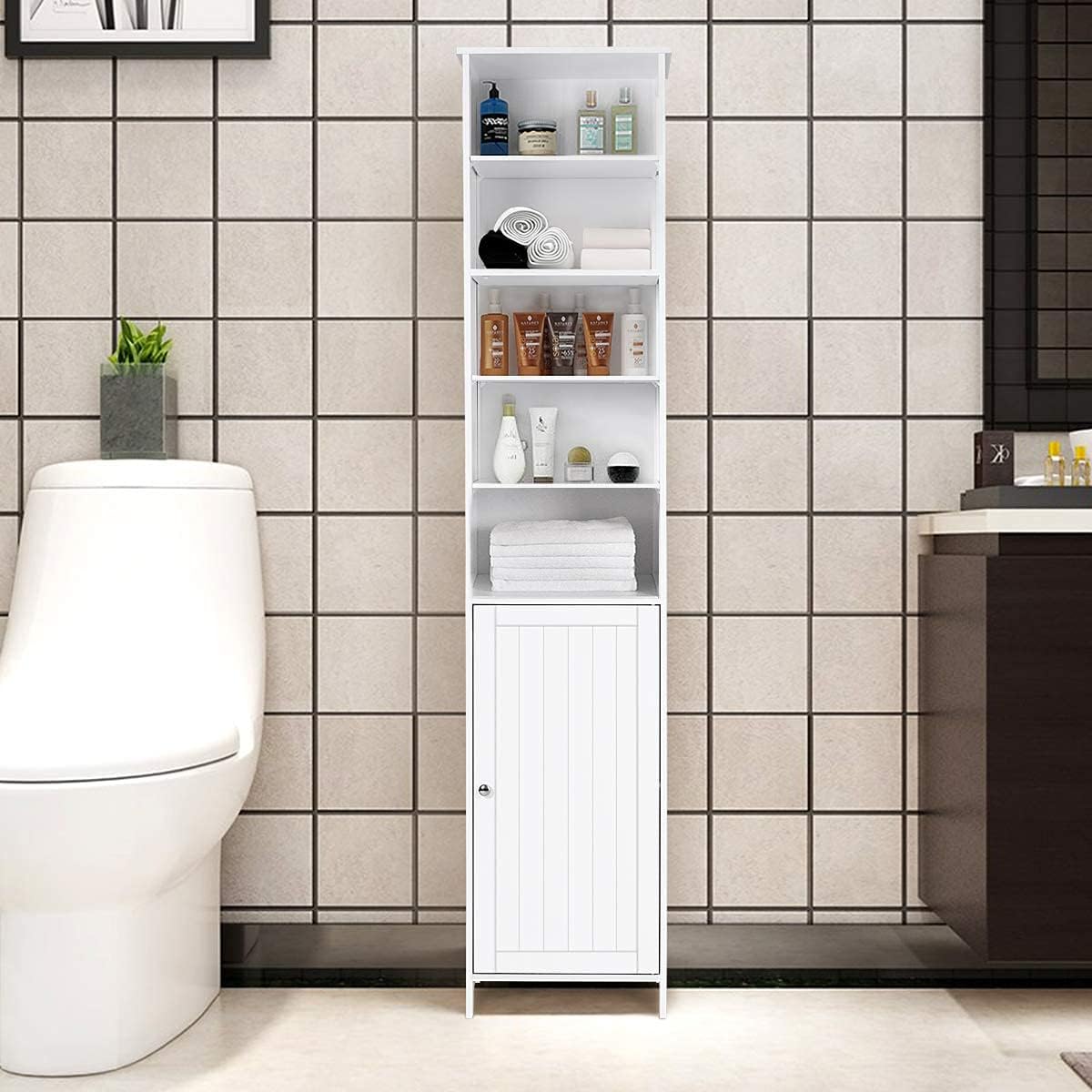 Tall Bathroom Storage Cabinet White Adjustable Shelf Unit