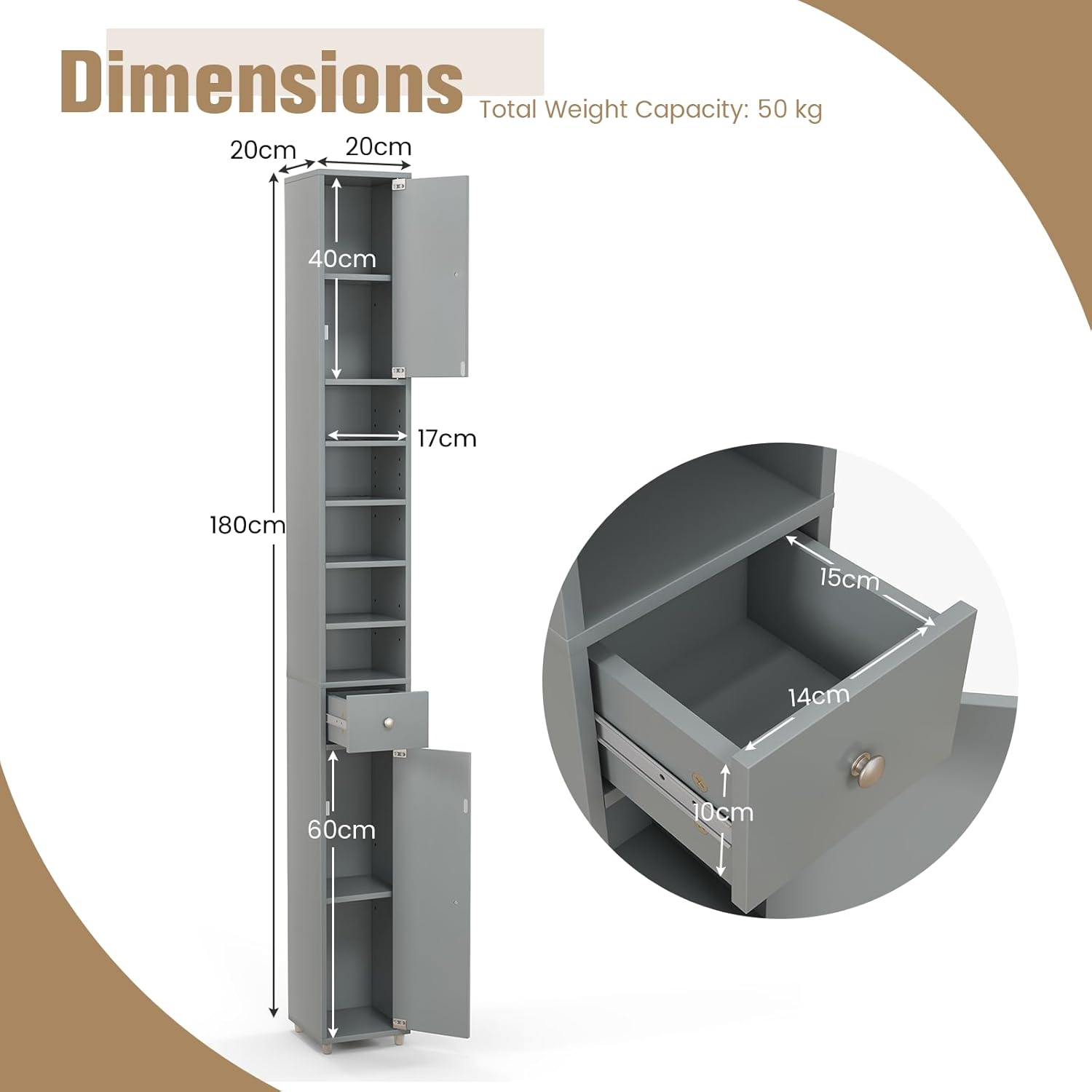 Tall Slim Storage Cabinet Grey Drawer Adjustable Shelf Unit