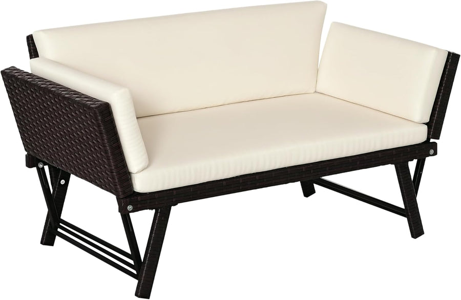 Rattan Garden Sofa Bed Convertible Bench Lounger Brown