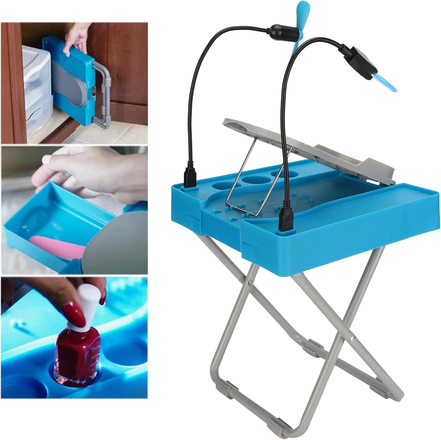Adjustable Pedicure Foot Rest LED Fan Magnifier Folding Nail Stool