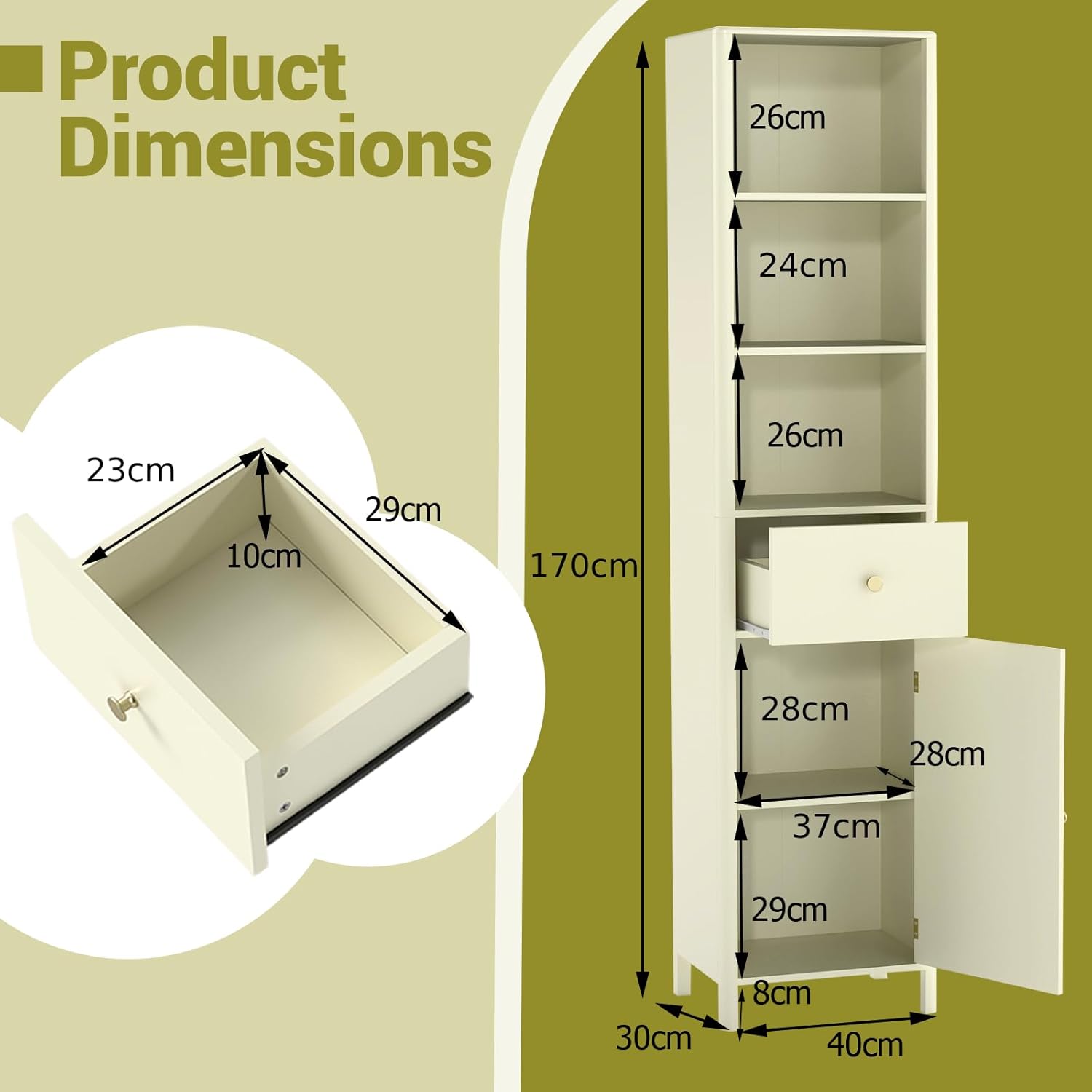 Slim Bathroom Tall Cabinet Drawer Shelf Unit Beige