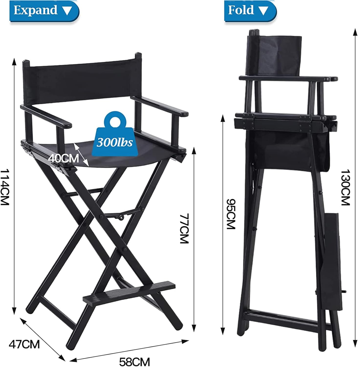 Portable Tall Director Chair with Footrest Black
