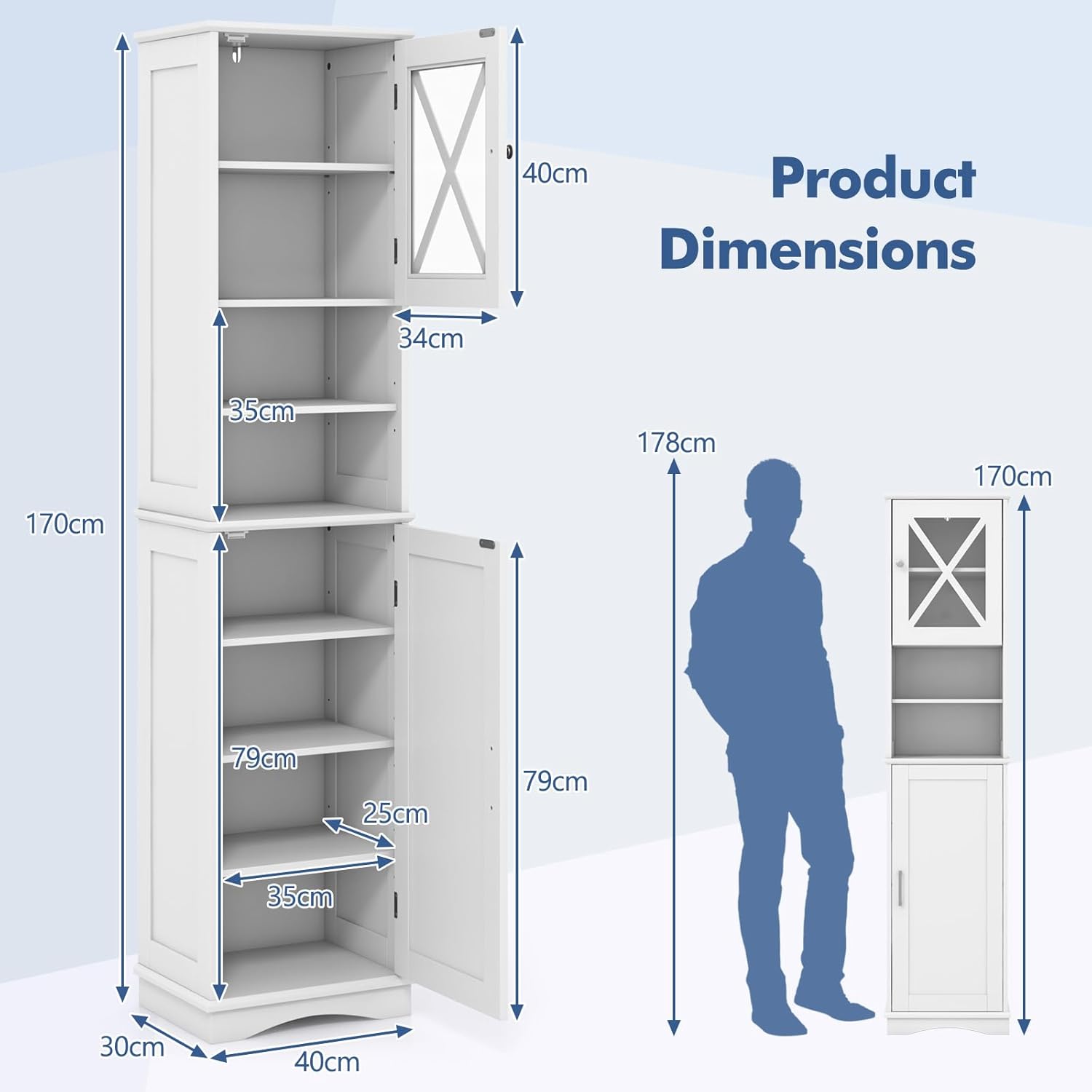 Tall Bathroom Storage Cabinet 2 Door Shelf Unit White