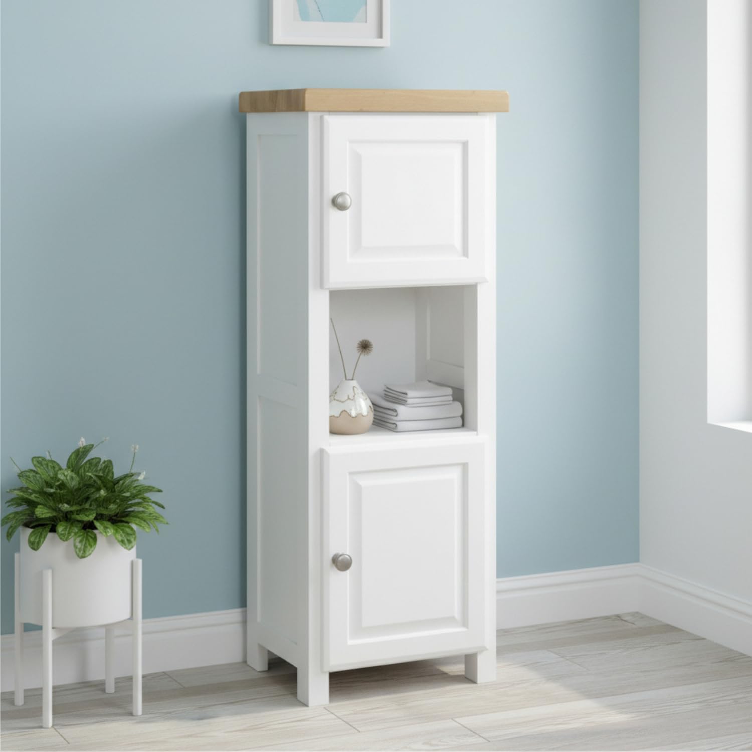 Tall Slim Storage Cabinet White Corner Shelf Unit