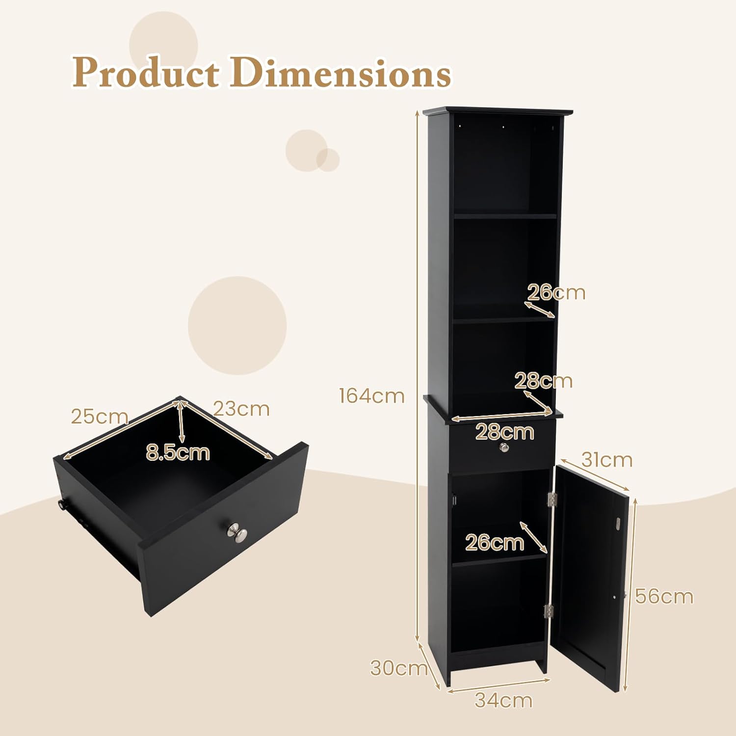Slim Bathroom Tall Cabinet Drawer Door Shelf Unit Black