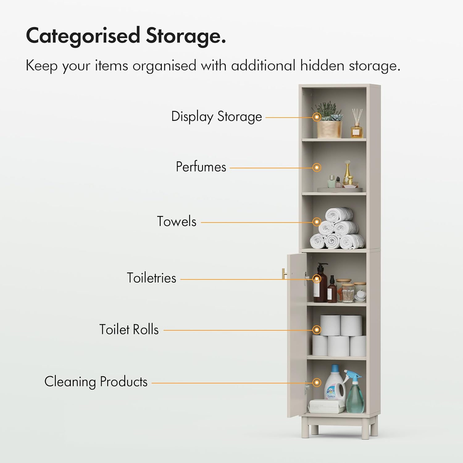 Tall Bathroom Cabinet Slim Storage Unit Stone 6 Shelf