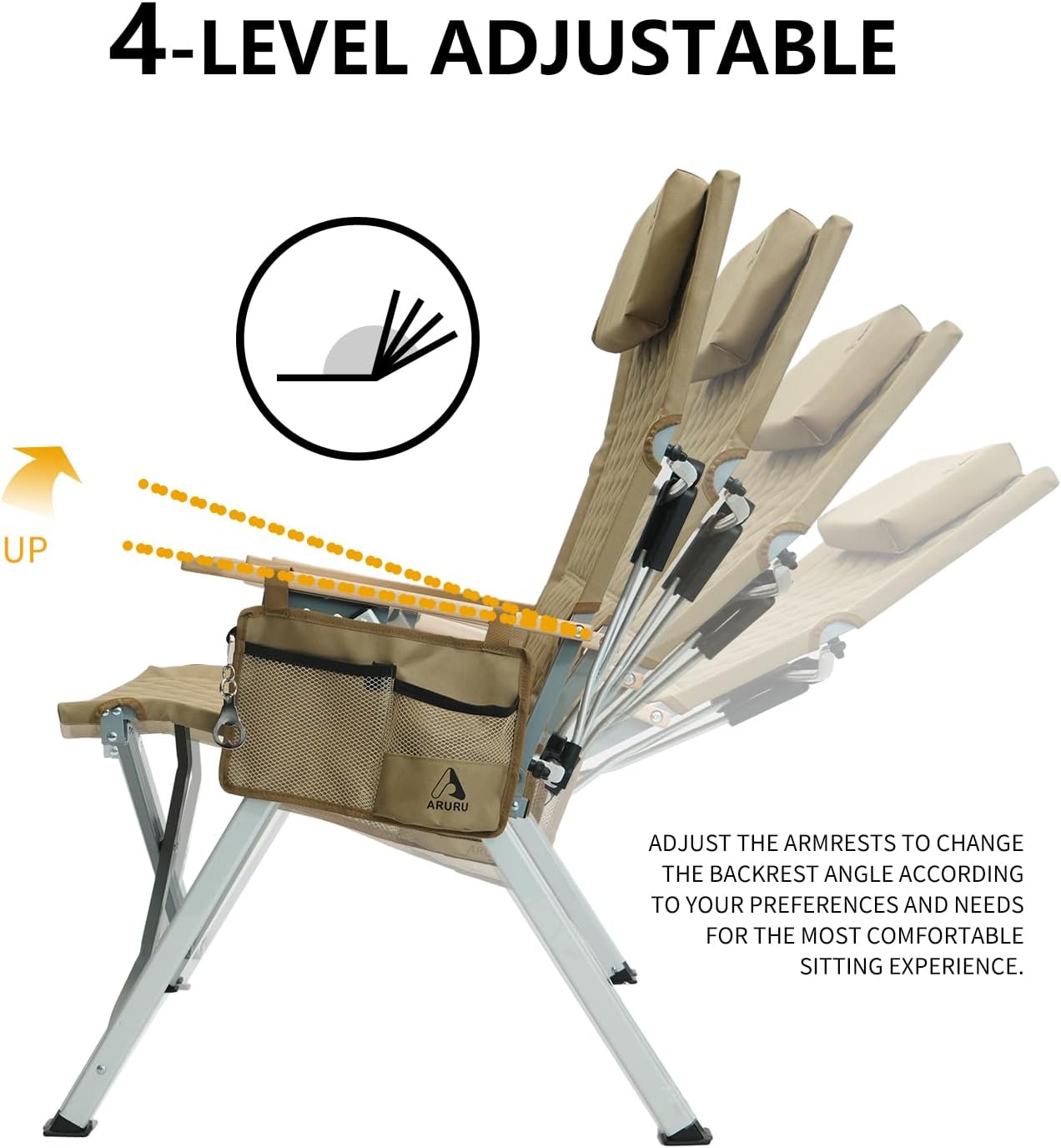 Set of 2 Reclining Camping Chairs High Back Khaki