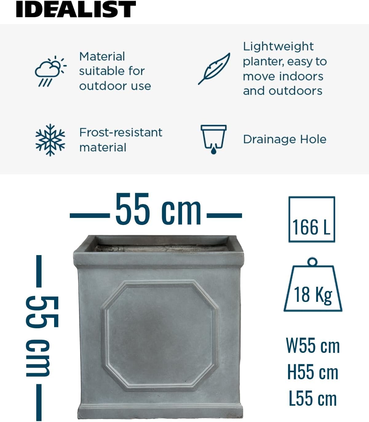 55cm Large Square Planter Faux Lead Garden Pot Grey Tree Box