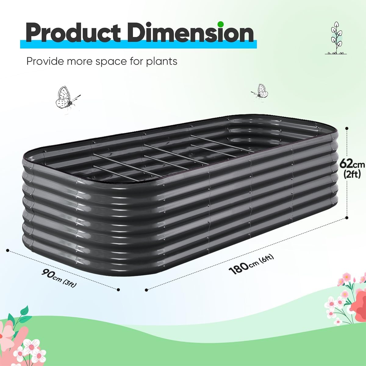 Oval Galvanized Raised Garden Bed 180x90x62cm Steel