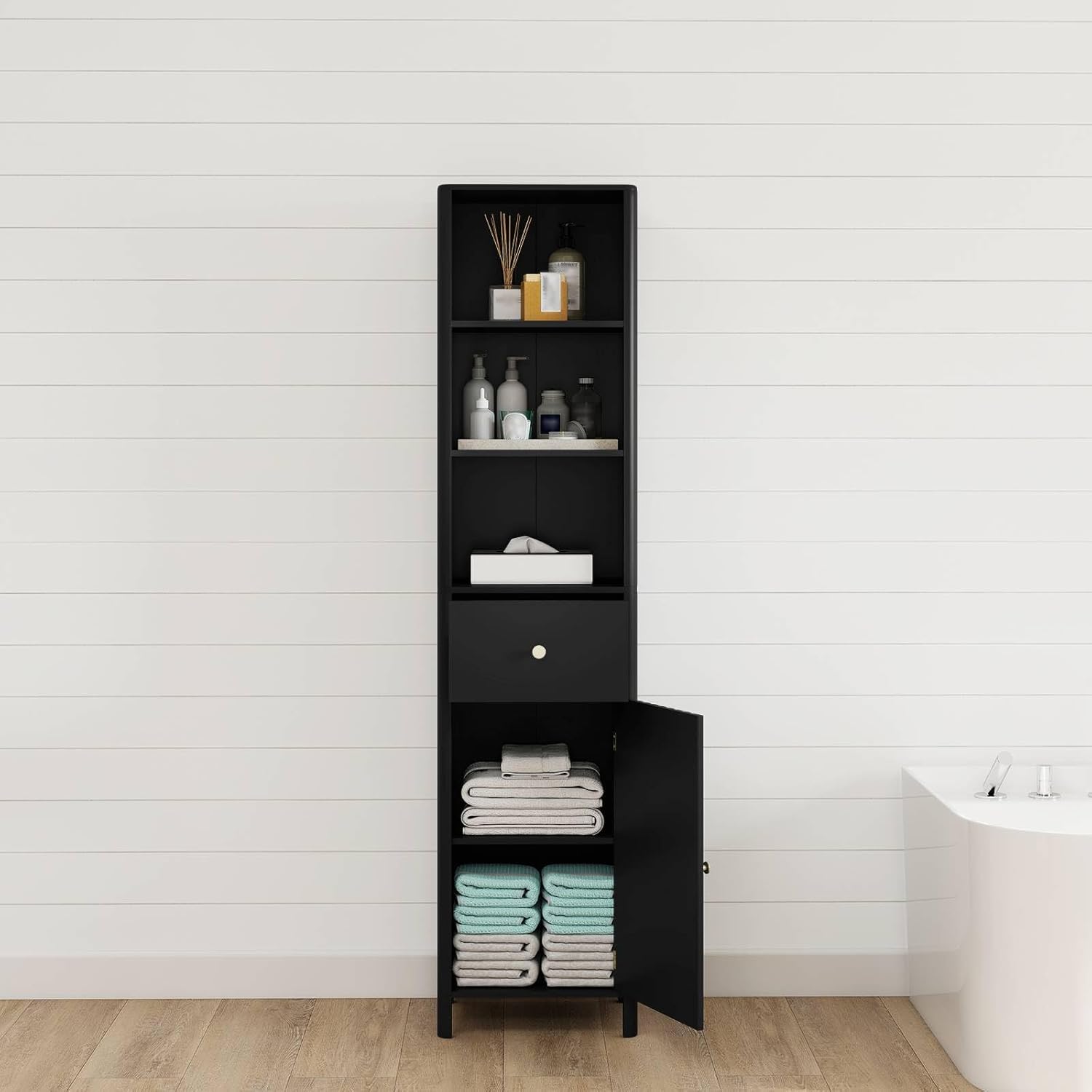 Slim Bathroom Tall Cabinet Drawer Shelf Unit Black