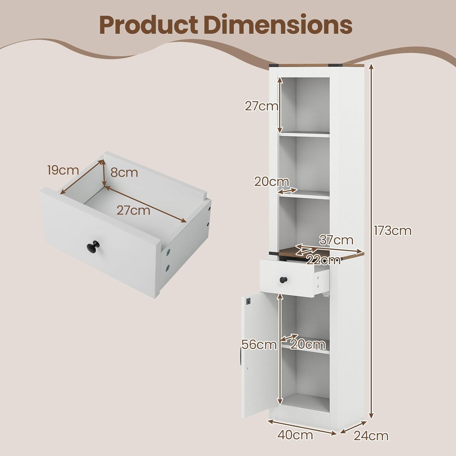 Farmhouse Tall Bathroom Cabinet Drawer Shelf Unit White Brown