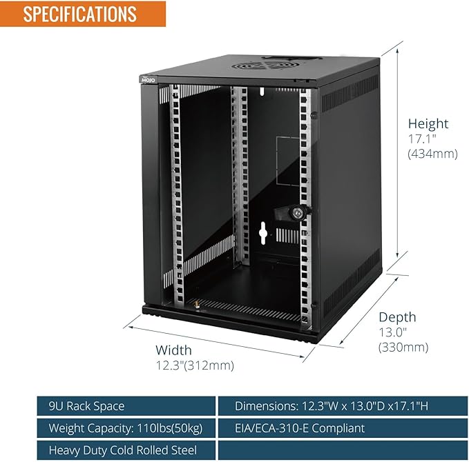 9U 10 Inch Wall Mount Data Cabinet Glass Door Black
