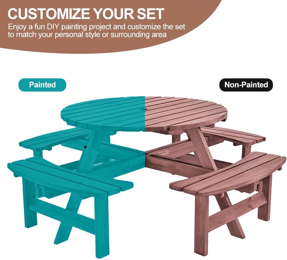 8 Seater Round Wooden Picnic Table Garden Bench Set w/Parasol Hole