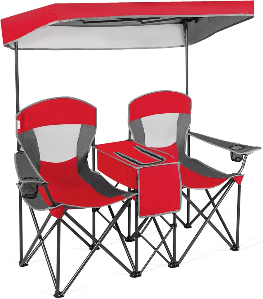 Double Camping Chair with Canopy Cooler Bag Cup Holders Red