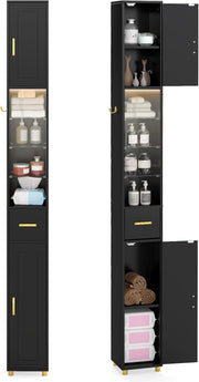 Tall Slim Bathroom Cabinet LED Light Drawer Shelves Black 180cm