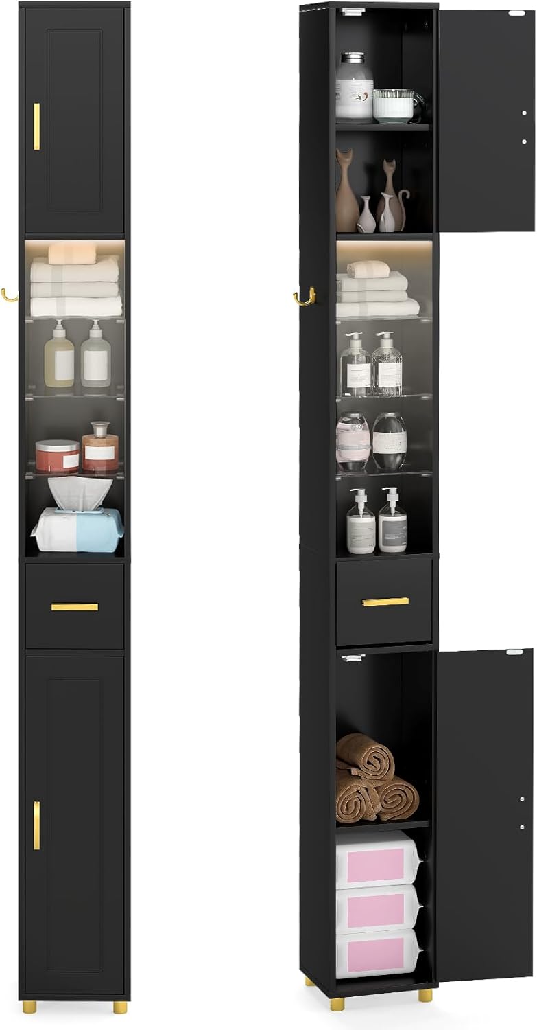 Tall Slim Bathroom Cabinet LED Light Drawer Shelves Black 180cm